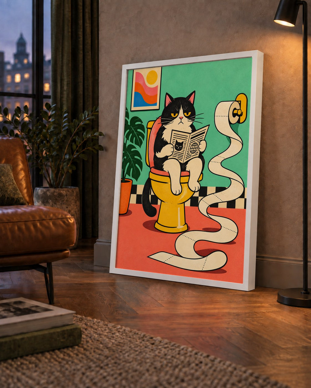 Tuvalette Gazete Okuyan Kedi Dijital Poster Krem Sarı — çerçeveli hâliyle bir ev duvarında