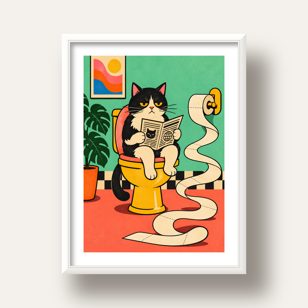 Tuvalette Gazete Okuyan Kedi Dijital Poster Krem Sarı — beyaz derin çerçeveli paspartulu