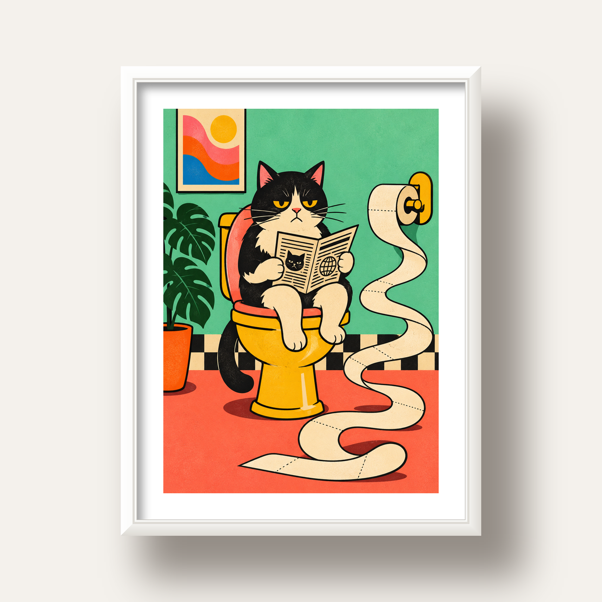 Tuvalette Gazete Okuyan Kedi Dijital Poster Krem Sarı — beyaz derin çerçeveli paspartulu