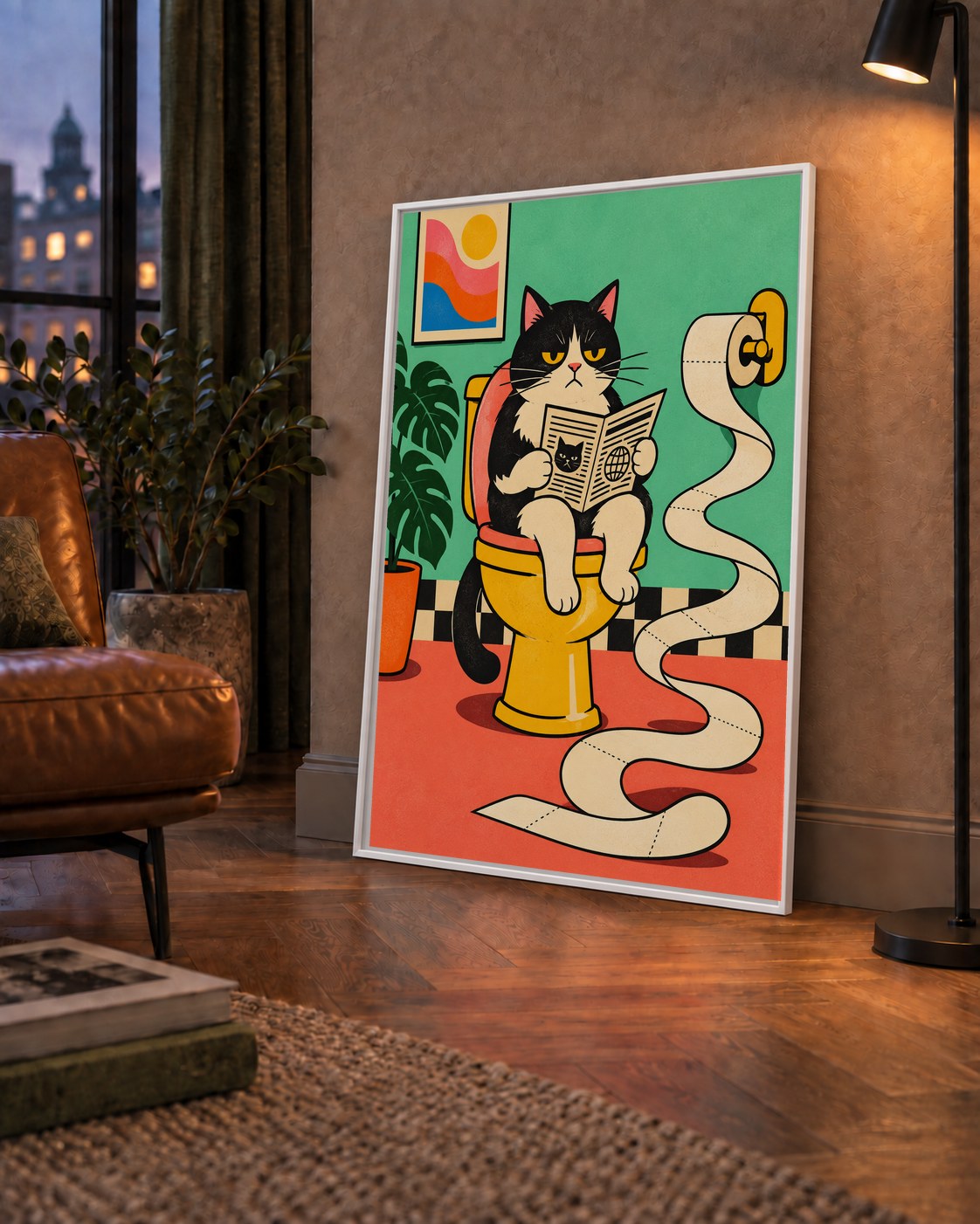 Tuvalette Gazete Okuyan Kedi Dijital Poster Krem Sarı — çerçeveli hâliyle bir ev duvarında