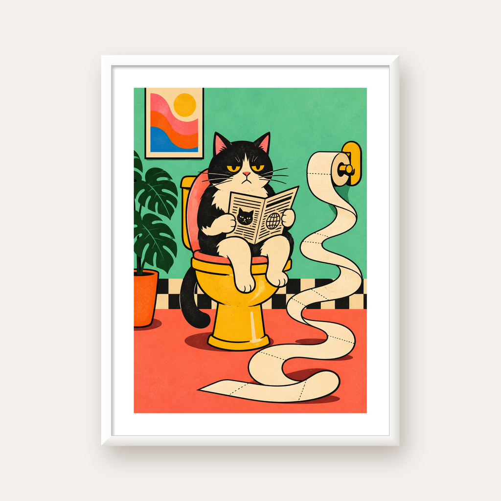 Tuvalette Gazete Okuyan Kedi Dijital Poster Krem Sarı — beyaz çerçeveli dikey poster