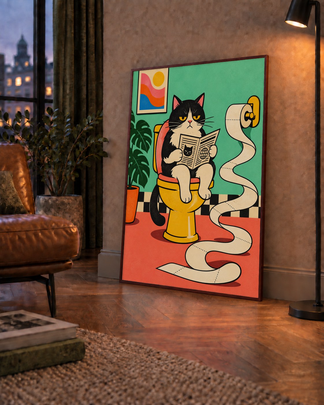 Tuvalette Gazete Okuyan Kedi Dijital Poster Krem Sarı — çerçeveli hâliyle bir ev duvarında