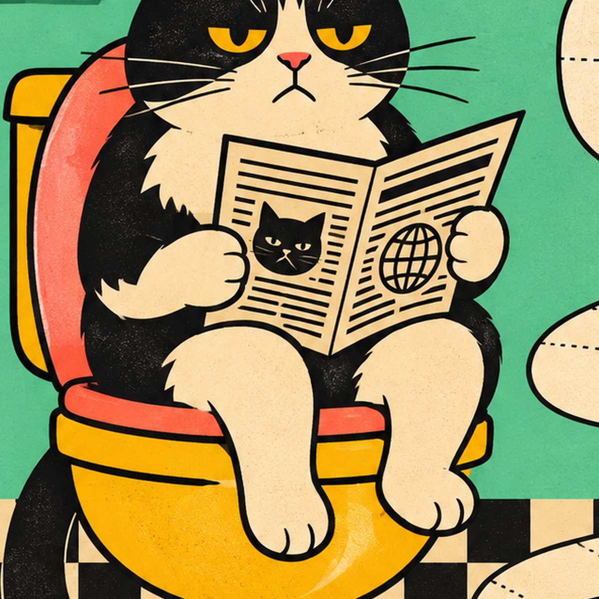 Tuvalette Gazete Okuyan Kedi Dijital Poster Krem Sarı — baskının yakın çekimi, kâğıt dokusu ve renk detayı