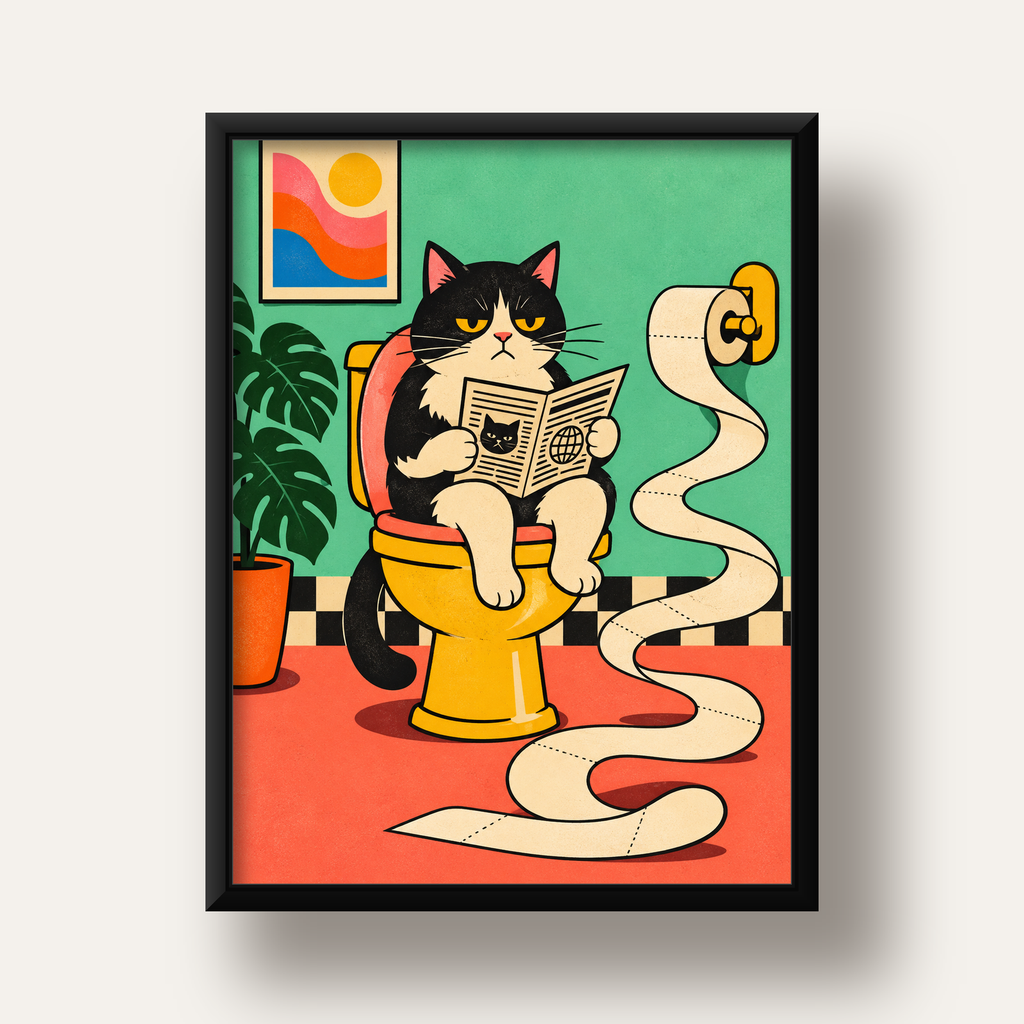 Tuvalette Gazete Okuyan Kedi Dijital Poster Krem Sarı — siyah derin çerçeveli