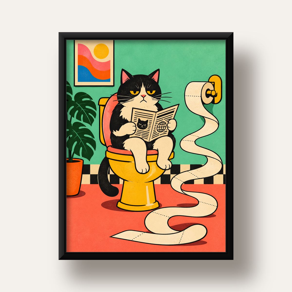 Tuvalette Gazete Okuyan Kedi Dijital Poster Krem Sarı — siyah derin çerçeveli