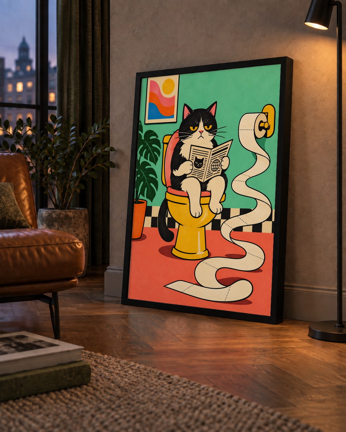 Tuvalette Gazete Okuyan Kedi Dijital Poster Krem Sarı — çerçeveli hâliyle bir ev duvarında