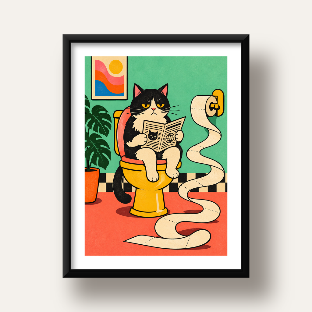 Tuvalette Gazete Okuyan Kedi Dijital Poster Krem Sarı — siyah derin çerçeveli paspartulu