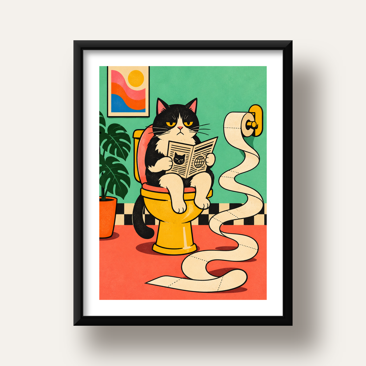 Tuvalette Gazete Okuyan Kedi Dijital Poster Krem Sarı — siyah derin çerçeveli paspartulu