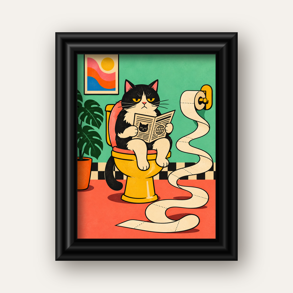 Tuvalette Gazete Okuyan Kedi Dijital Poster Krem Sarı — siyah galeri çerçeveli
