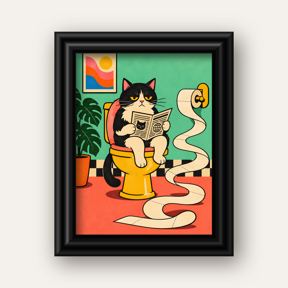 Tuvalette Gazete Okuyan Kedi Dijital Poster Krem Sarı — siyah galeri çerçeveli