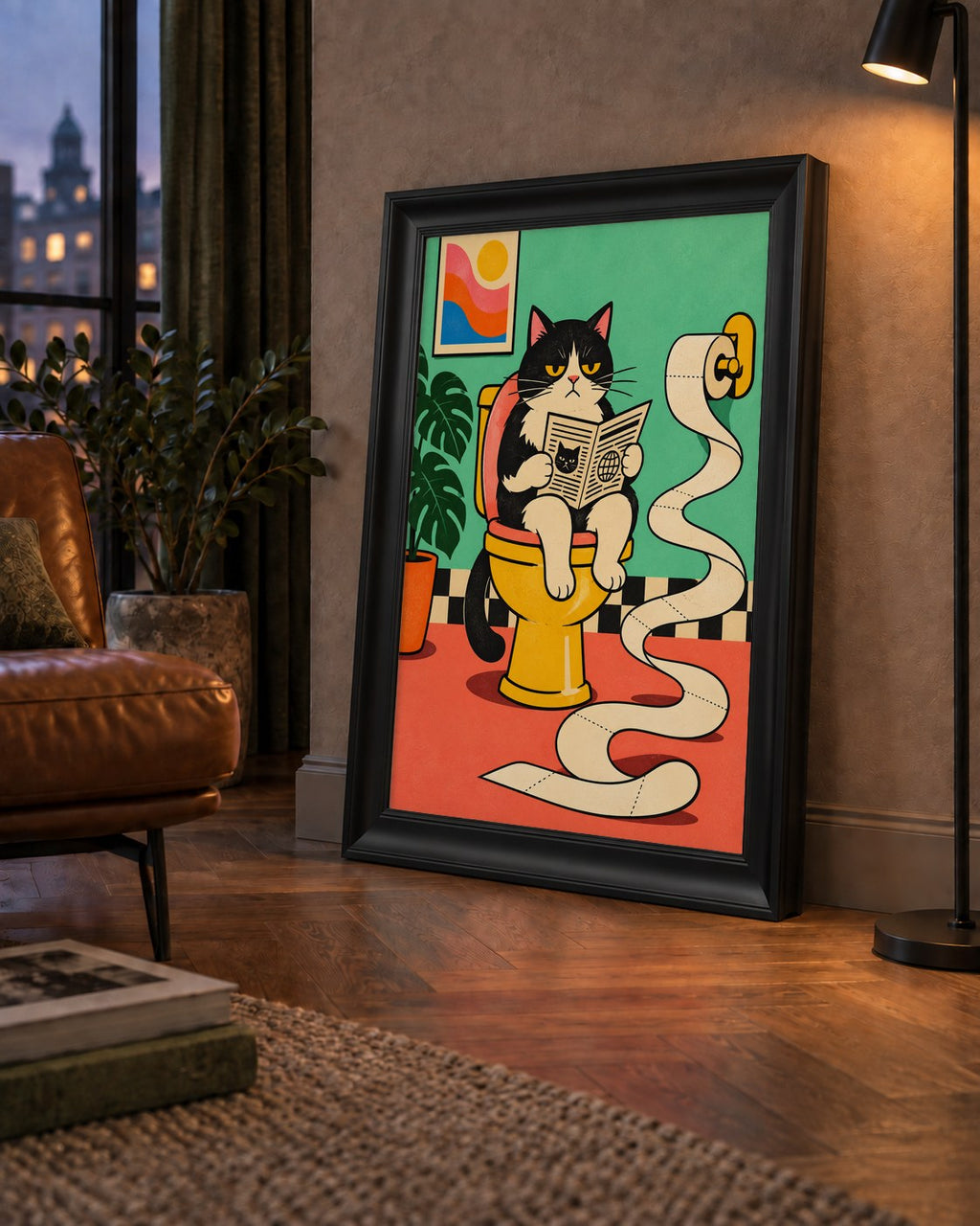 Tuvalette Gazete Okuyan Kedi Dijital Poster Krem Sarı — çerçeveli hâliyle bir ev duvarında