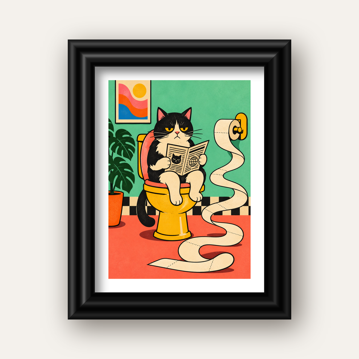 Tuvalette Gazete Okuyan Kedi Dijital Poster Krem Sarı — siyah galeri çerçeveli paspartulu