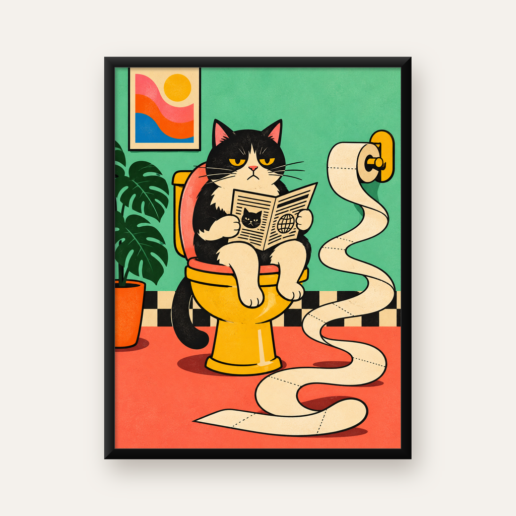 Tuvalette Gazete Okuyan Kedi Dijital Poster Krem Sarı — Dikey baskı, düz siyah çerçeveli duvar posteri