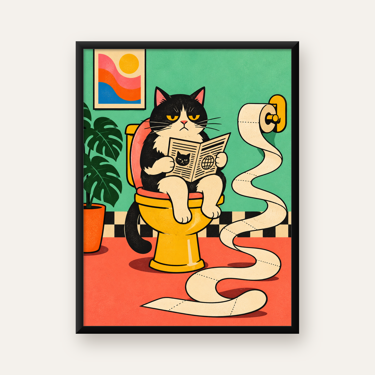 Tuvalette Gazete Okuyan Kedi Dijital Poster Krem Sarı — Dikey baskı, düz siyah çerçeveli duvar posteri