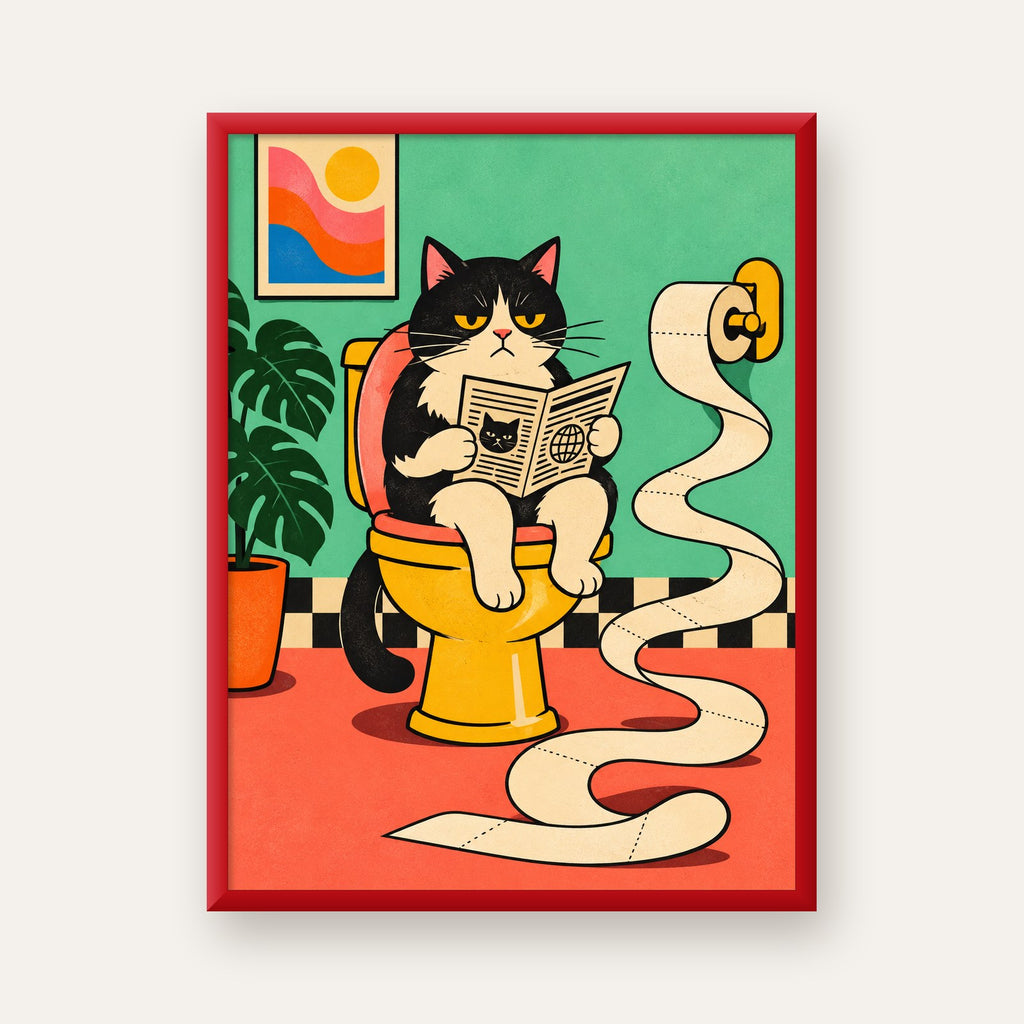 Tuvalette Gazete Okuyan Kedi Dijital Poster Krem Sarı — kırmızı çerçeveli