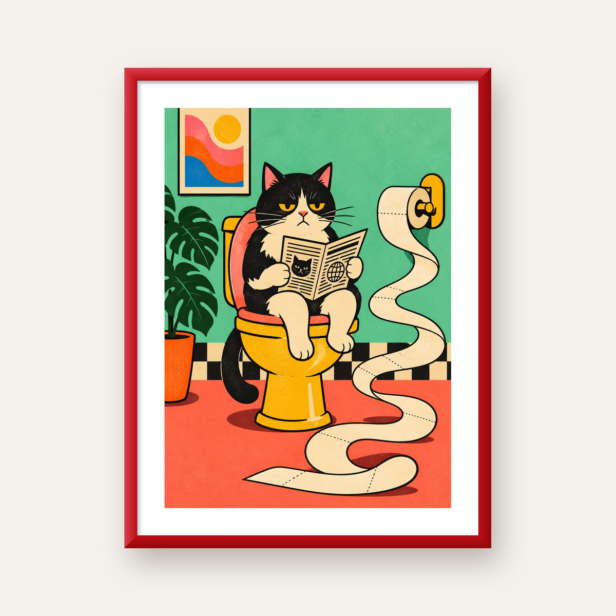 Tuvalette Gazete Okuyan Kedi Dijital Poster Krem Sarı — kırmızı çerçeveli paspartulu