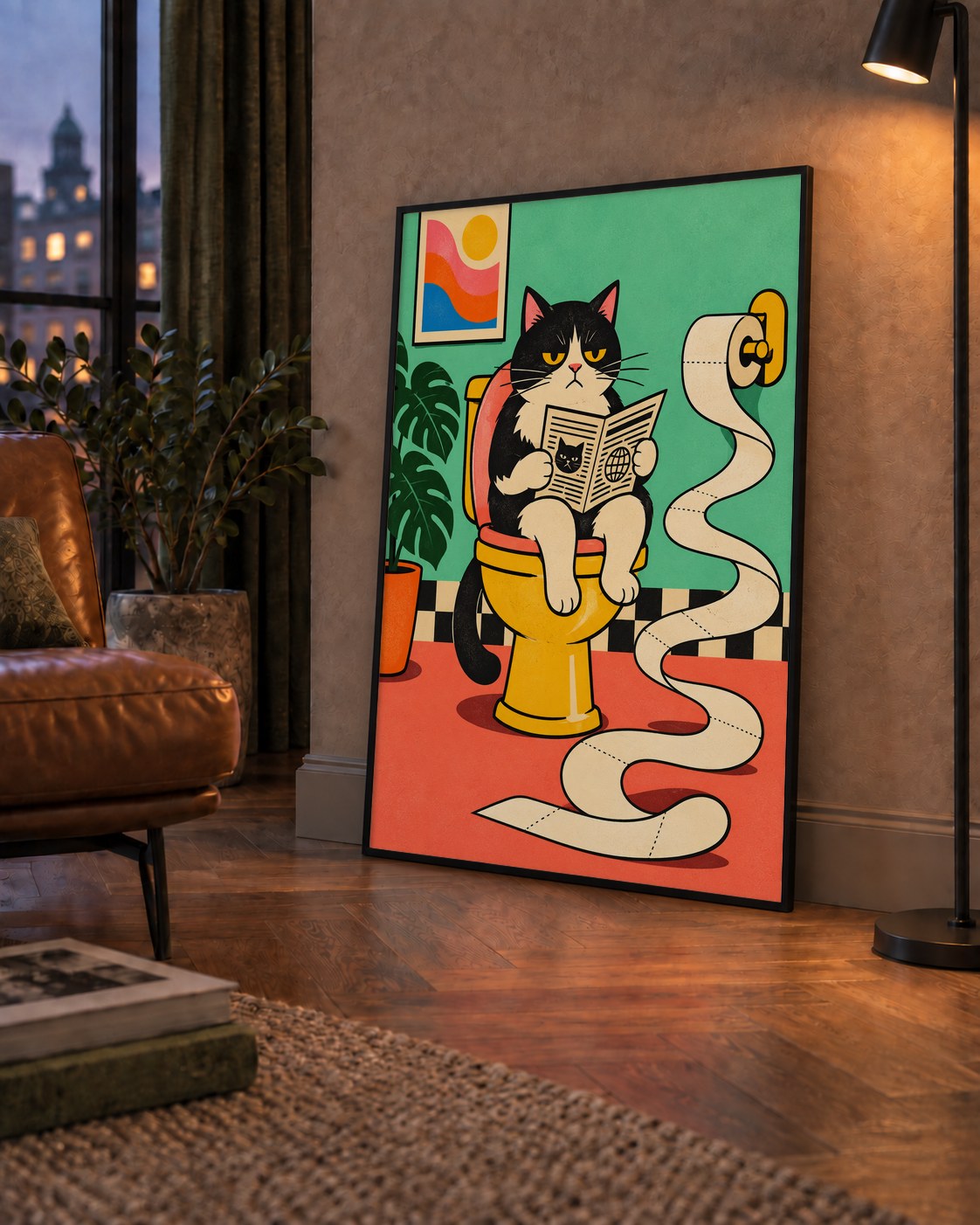 Tuvalette Gazete Okuyan Kedi Dijital Poster Krem Sarı — çerçeveli hâliyle bir ev duvarında