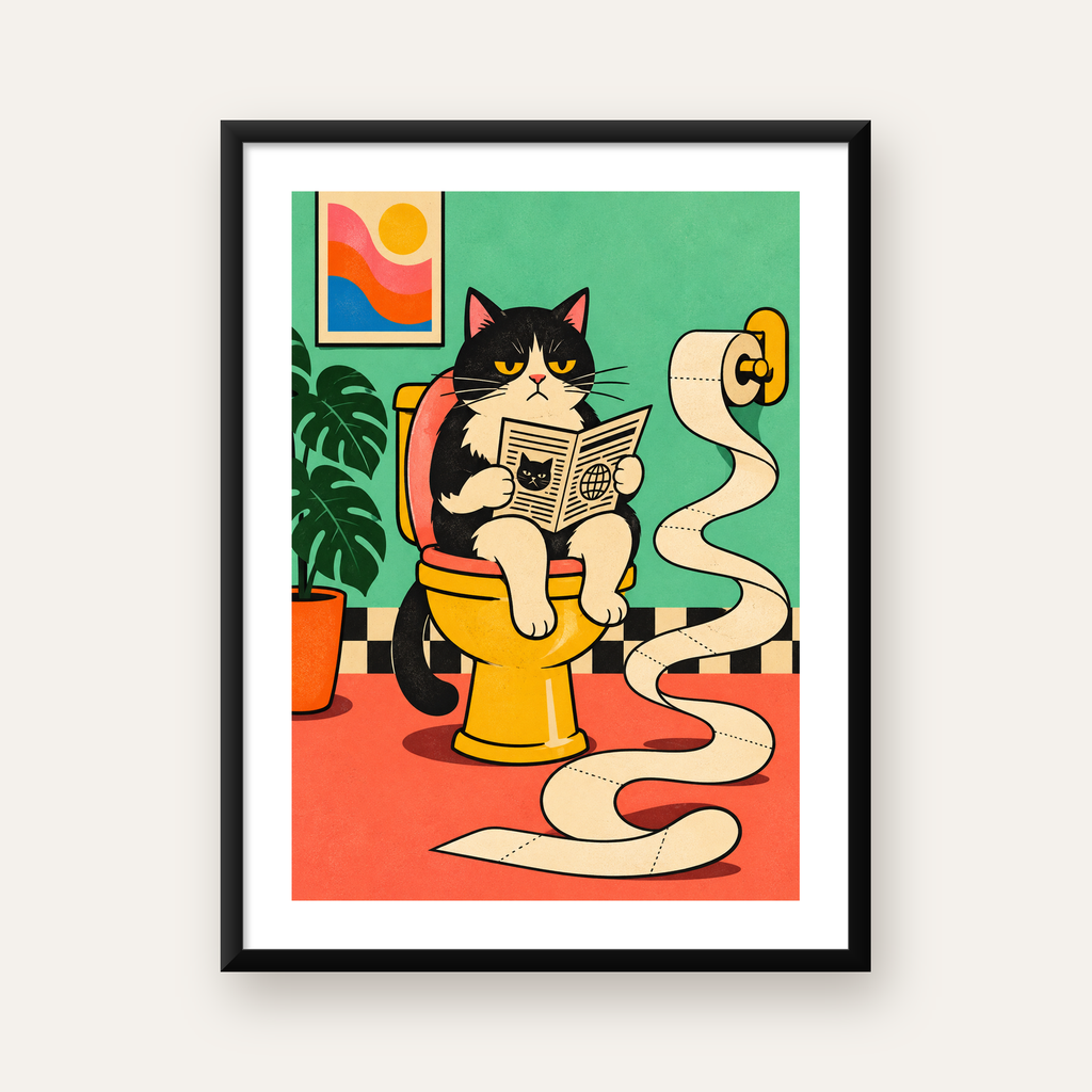 Tuvalette Gazete Okuyan Kedi Dijital Poster Krem Sarı — Dikey baskı, beyaz paspartulu
