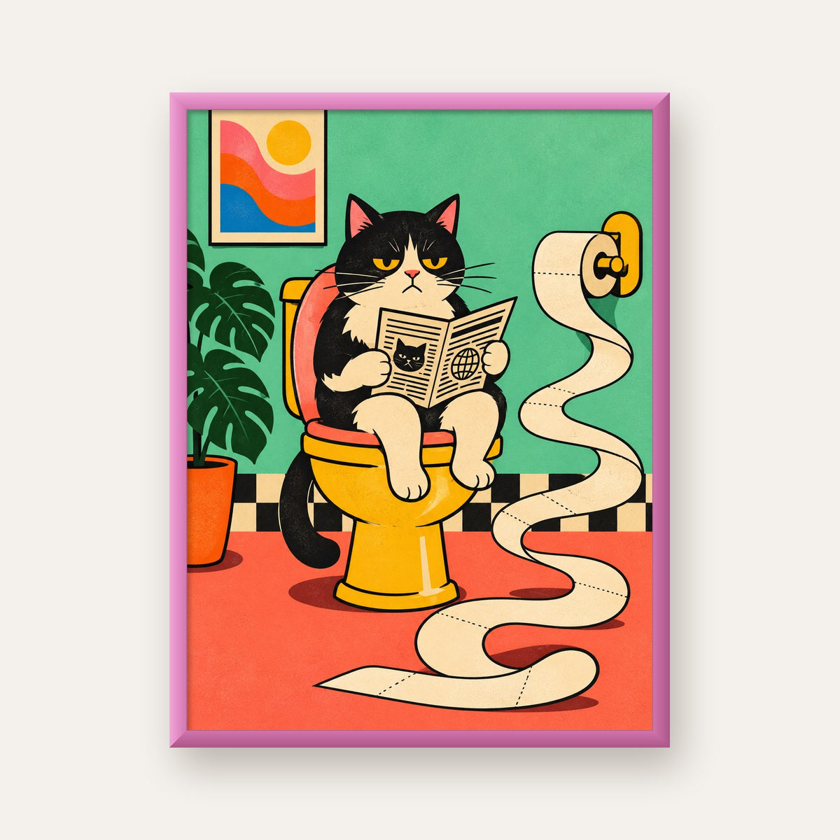 Tuvalette Gazete Okuyan Kedi Dijital Poster Krem Sarı — pembe çerçeveli
