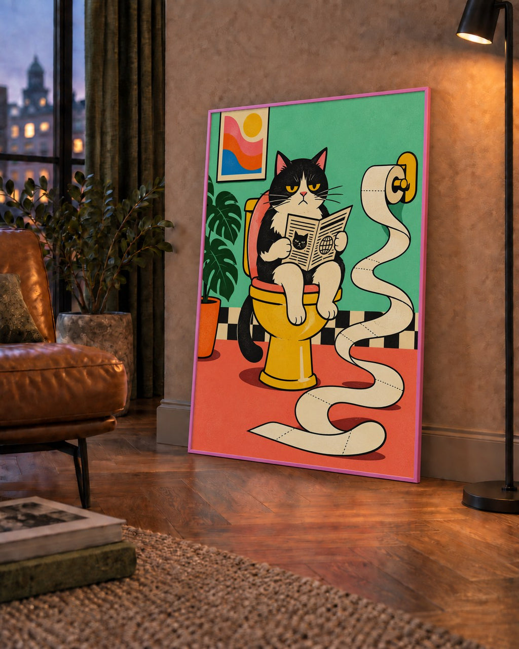 Tuvalette Gazete Okuyan Kedi Dijital Poster Krem Sarı — çerçeveli hâliyle bir ev duvarında