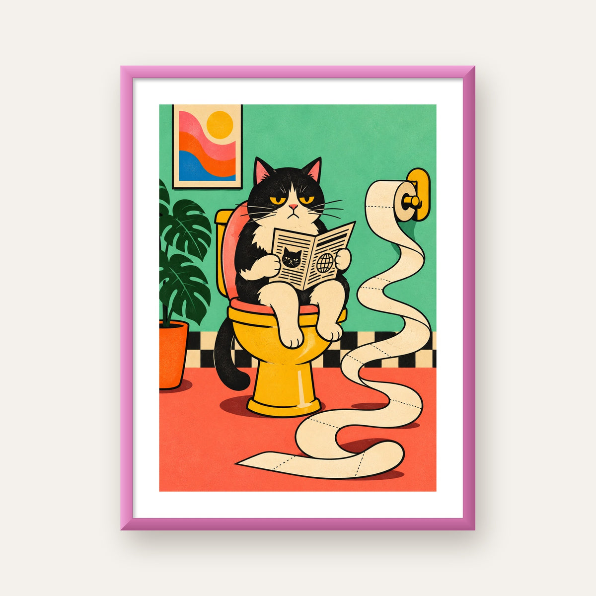 Tuvalette Gazete Okuyan Kedi Dijital Poster Krem Sarı — pembe çerçeveli paspartulu