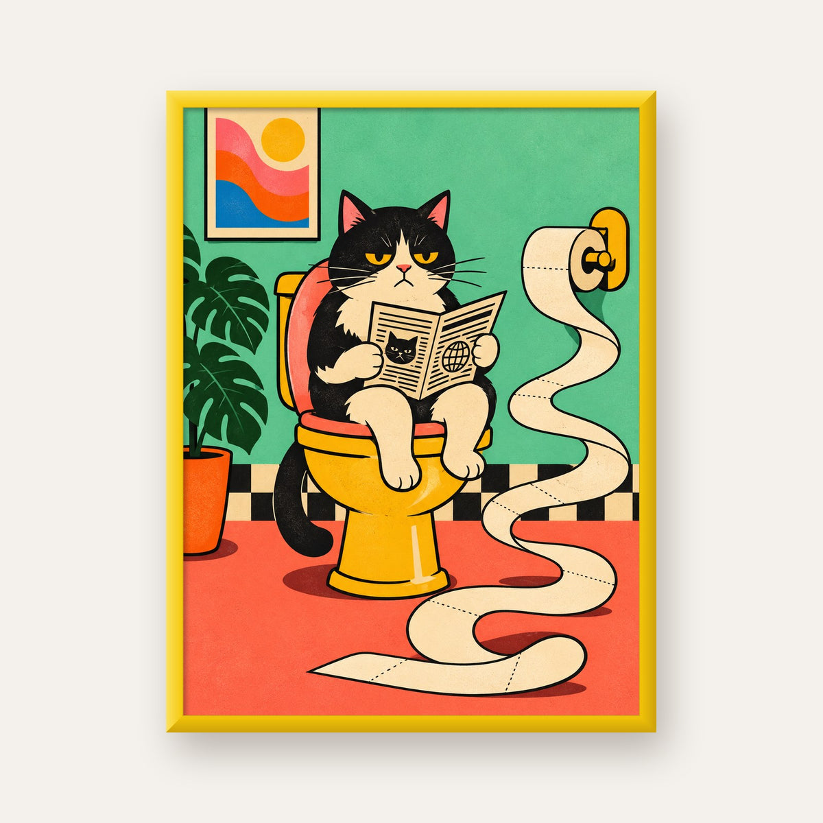 Tuvalette Gazete Okuyan Kedi Dijital Poster Krem Sarı — sarı çerçeveli