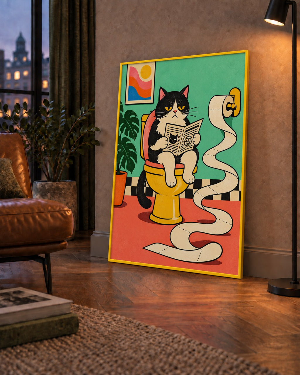 Tuvalette Gazete Okuyan Kedi Dijital Poster Krem Sarı — çerçeveli hâliyle bir ev duvarında