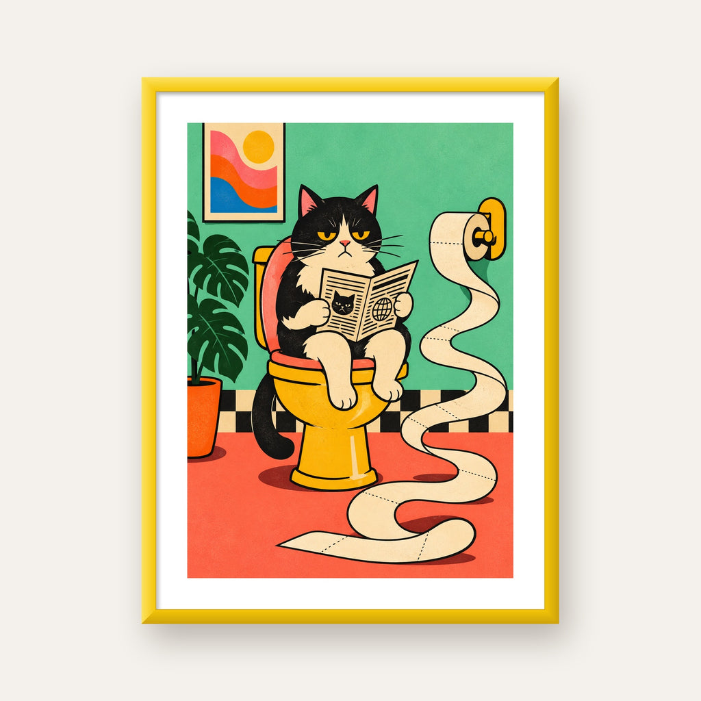 Tuvalette Gazete Okuyan Kedi Dijital Poster Krem Sarı — sarı çerçeveli paspartulu