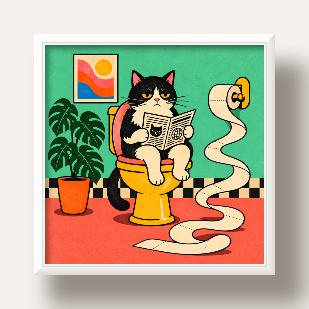 Tuvalette Gazete Okuyan Kedi Dijital Poster Krem Sarı — beyaz derin çerçeveli