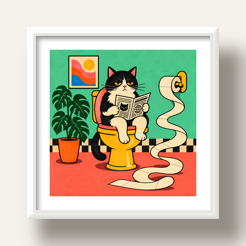 Tuvalette Gazete Okuyan Kedi Dijital Poster Krem Sarı — beyaz derin çerçeveli paspartulu