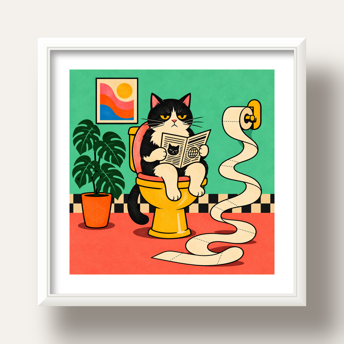 Tuvalette Gazete Okuyan Kedi Dijital Poster Krem Sarı — beyaz derin çerçeveli paspartulu