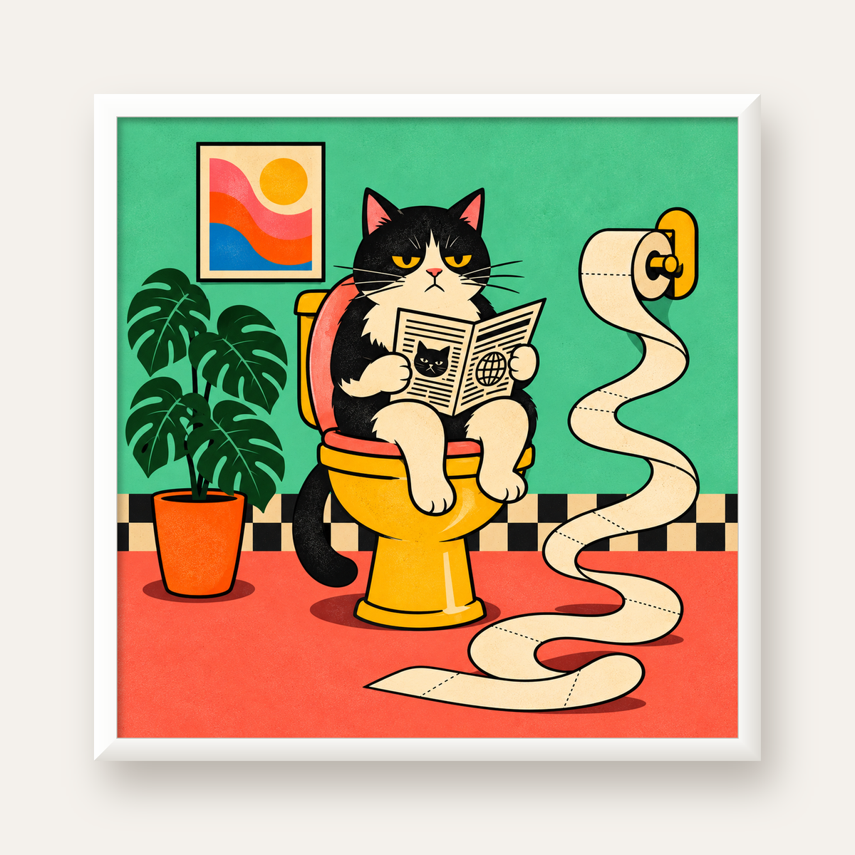 Tuvalette Gazete Okuyan Kedi Dijital Poster Krem Sarı — beyaz çerçeveli kare poster