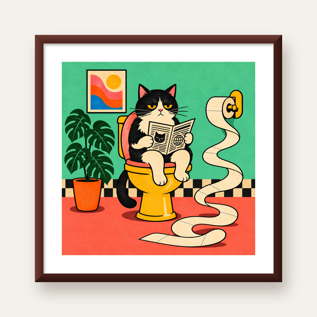 Tuvalette Gazete Okuyan Kedi Dijital Poster Krem Sarı — ceviz çerçeveli paspartulu