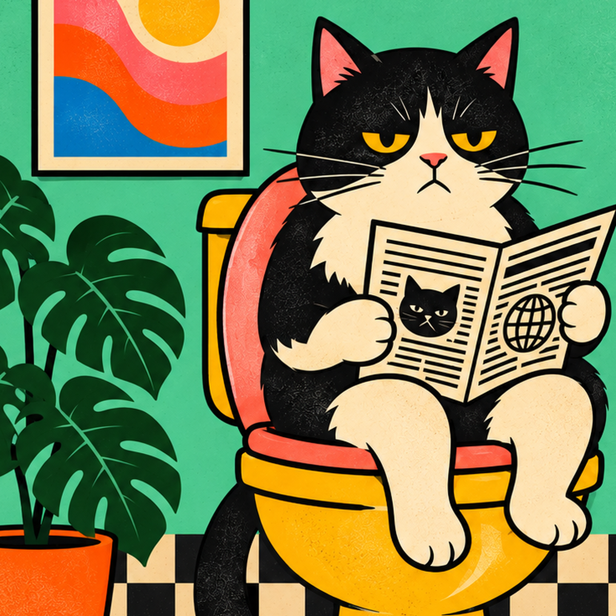 Tuvalette Gazete Okuyan Kedi Dijital Poster Krem Sarı — baskının yakın çekimi, kâğıt dokusu ve renk detayı