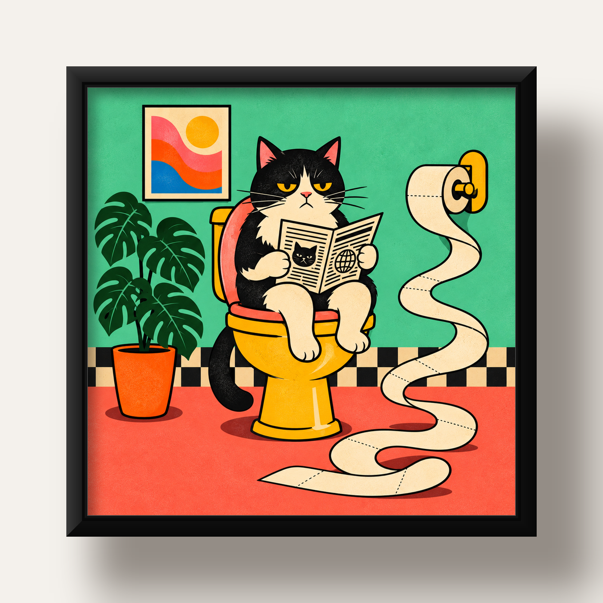 Tuvalette Gazete Okuyan Kedi Dijital Poster Krem Sarı — siyah derin çerçeveli