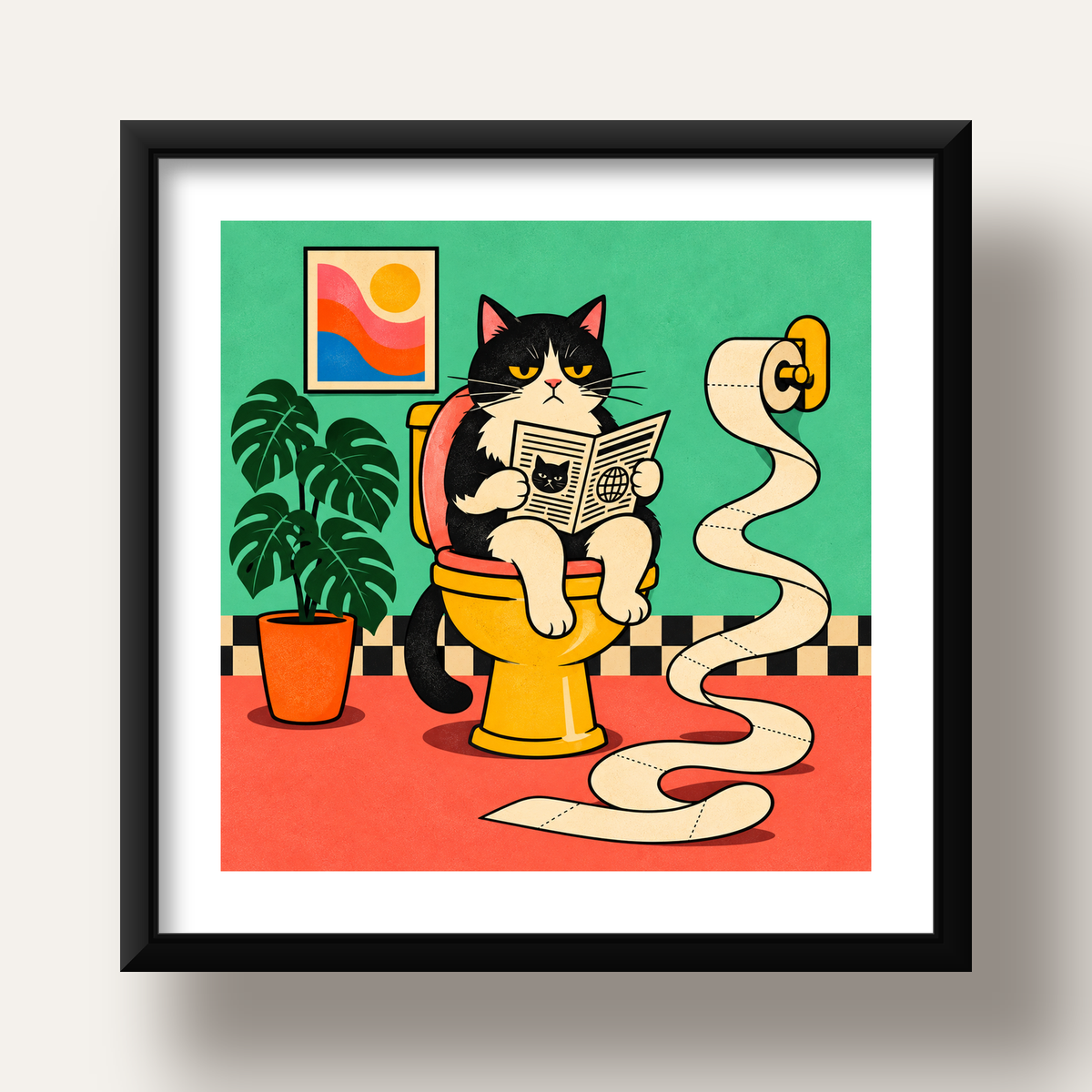 Tuvalette Gazete Okuyan Kedi Dijital Poster Krem Sarı — siyah derin çerçeveli paspartulu