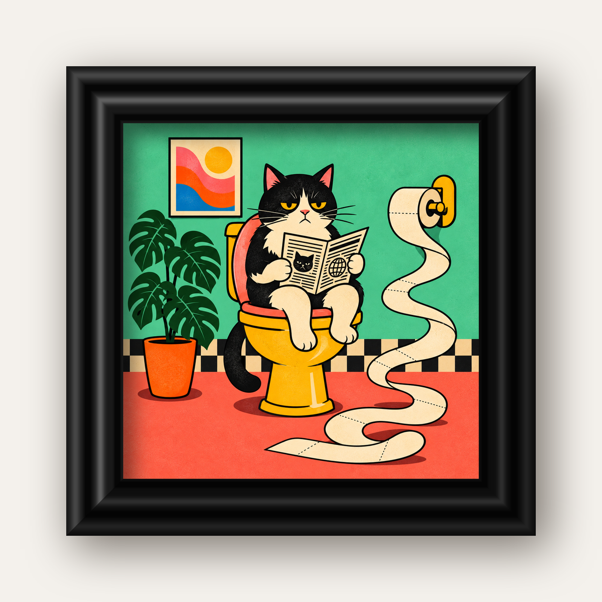 Tuvalette Gazete Okuyan Kedi Dijital Poster Krem Sarı — siyah galeri çerçeveli