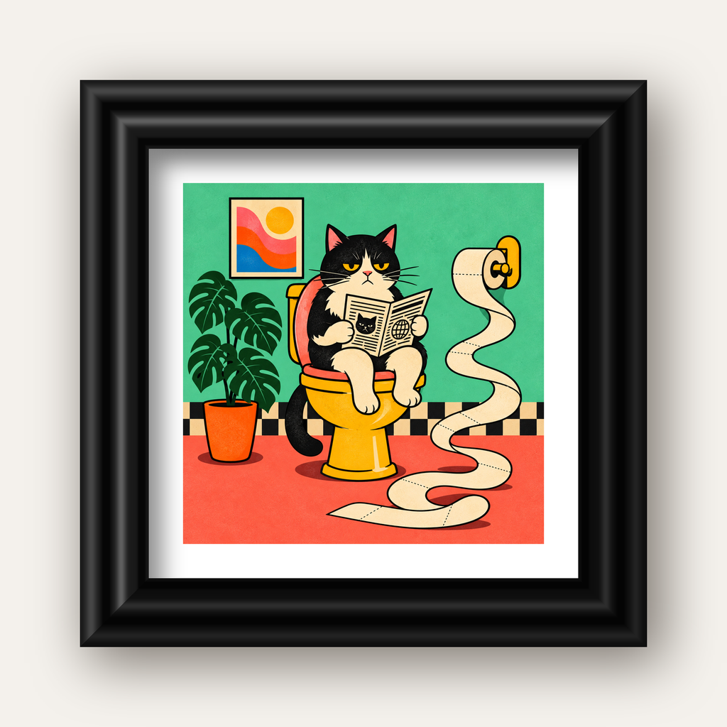 Tuvalette Gazete Okuyan Kedi Dijital Poster Krem Sarı — siyah galeri çerçeveli paspartulu