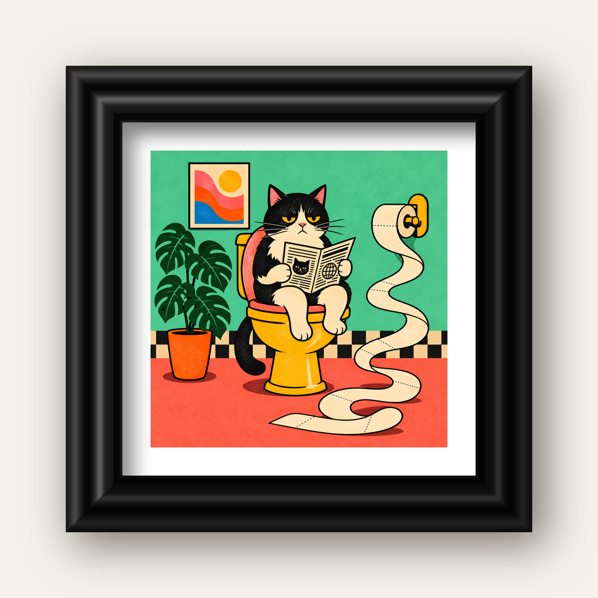 Tuvalette Gazete Okuyan Kedi Dijital Poster Krem Sarı — siyah galeri çerçeveli paspartulu