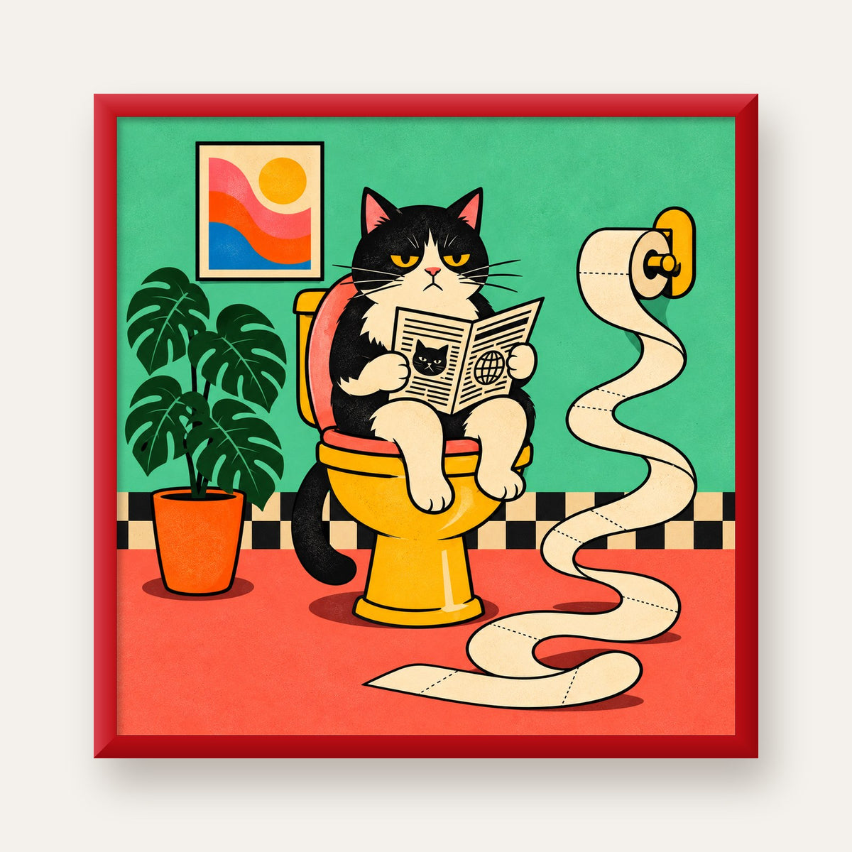 Tuvalette Gazete Okuyan Kedi Dijital Poster Krem Sarı — kırmızı çerçeveli