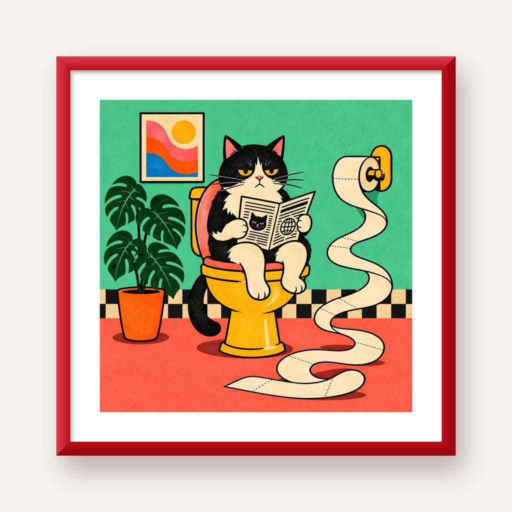 Tuvalette Gazete Okuyan Kedi Dijital Poster Krem Sarı — kırmızı çerçeveli paspartulu