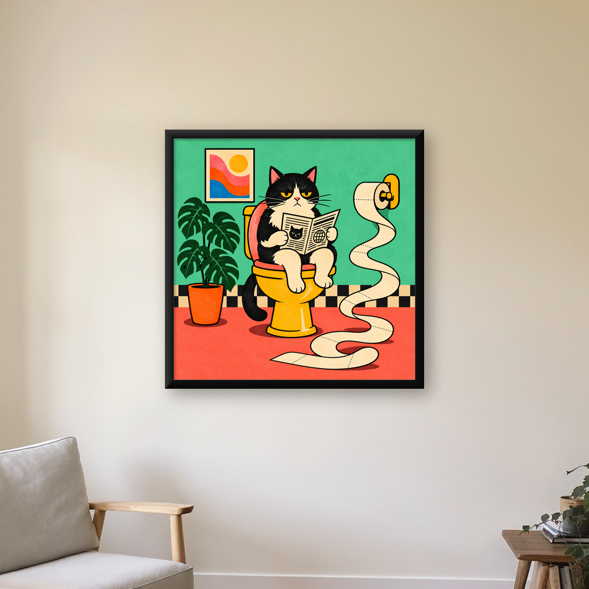Tuvalette Gazete Okuyan Kedi Dijital Poster Krem Sarı — Kare baskı, çerçeveli hâliyle bir ev duvarında