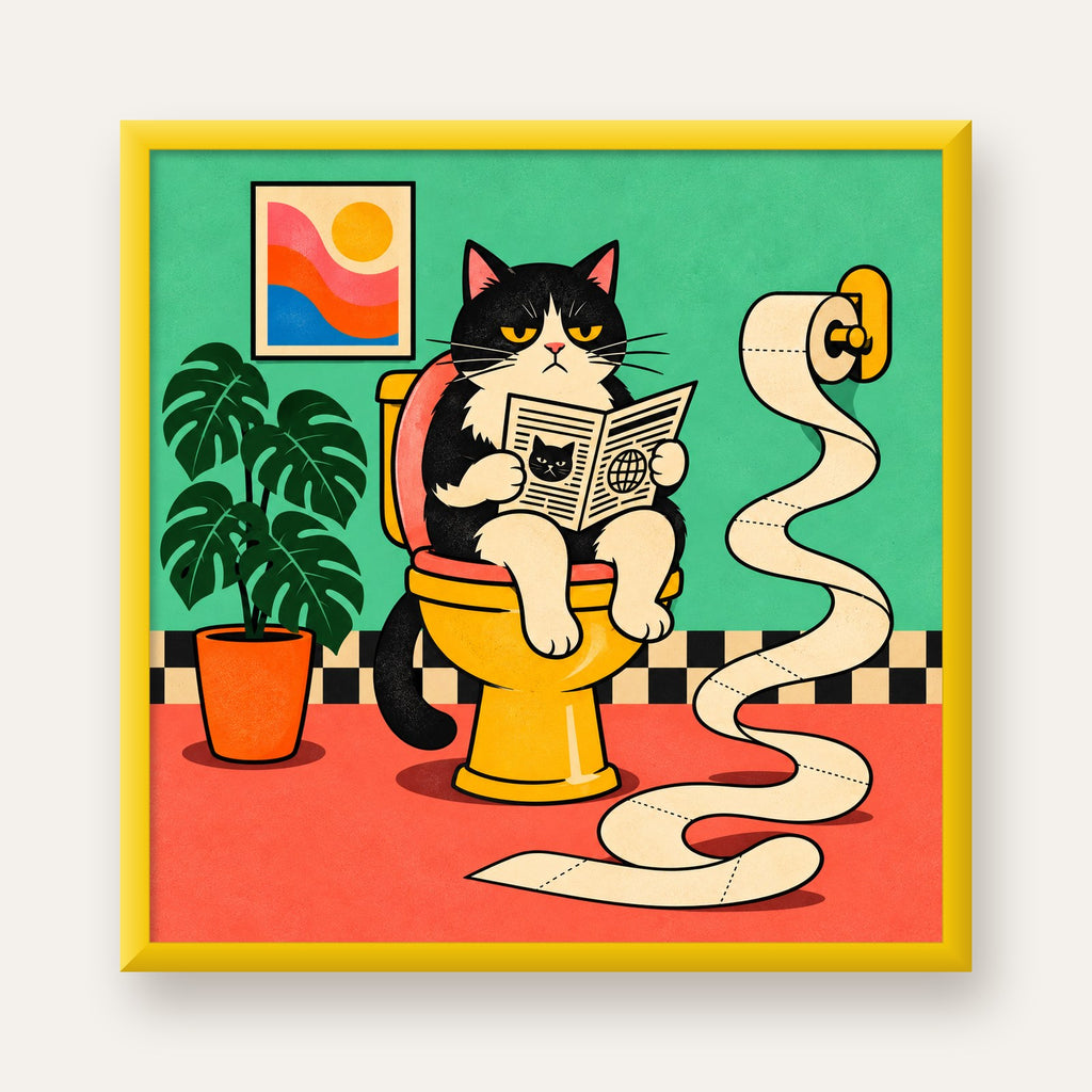 Tuvalette Gazete Okuyan Kedi Dijital Poster Krem Sarı — sarı çerçeveli