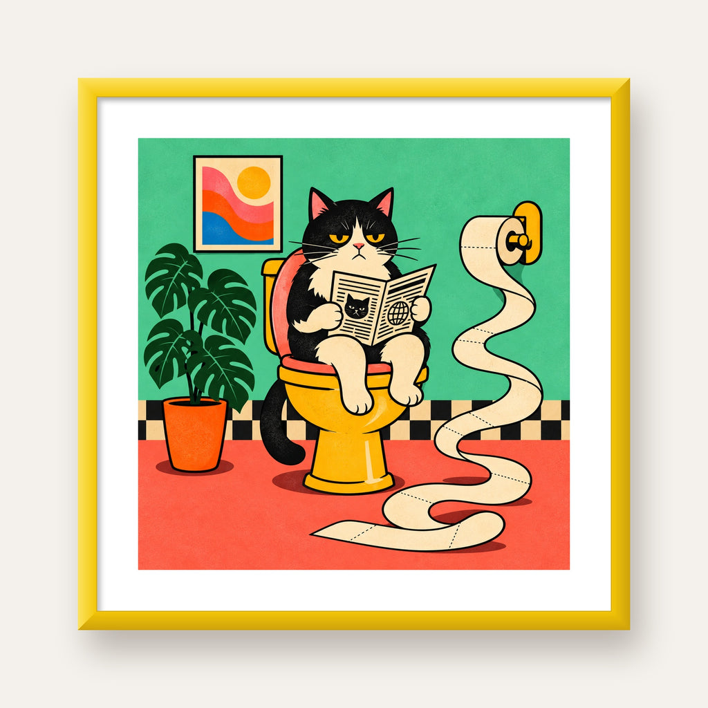 Tuvalette Gazete Okuyan Kedi Dijital Poster Krem Sarı — sarı çerçeveli paspartulu
