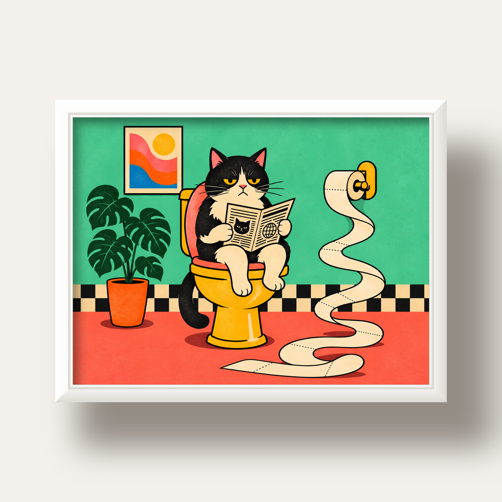 Tuvalette Gazete Okuyan Kedi Dijital Poster Krem Sarı — beyaz derin çerçeveli