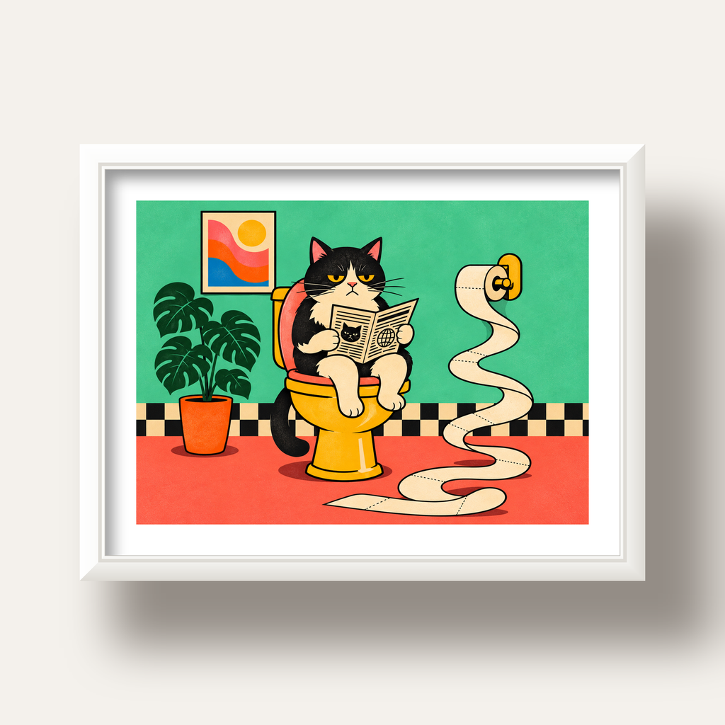 Tuvalette Gazete Okuyan Kedi Dijital Poster Krem Sarı — beyaz derin çerçeveli paspartulu