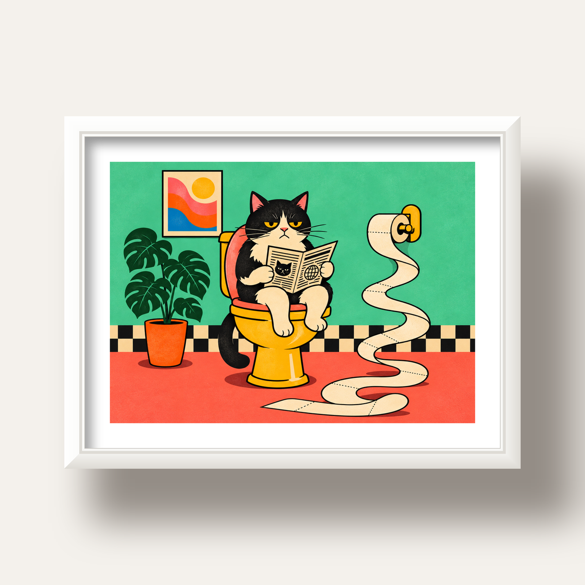 Tuvalette Gazete Okuyan Kedi Dijital Poster Krem Sarı — beyaz derin çerçeveli paspartulu