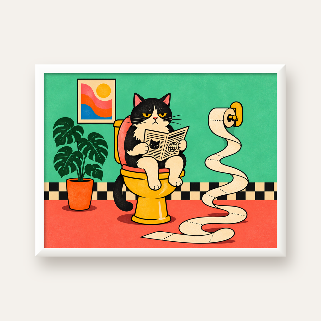 Tuvalette Gazete Okuyan Kedi Dijital Poster Krem Sarı — beyaz çerçeveli yatay poster