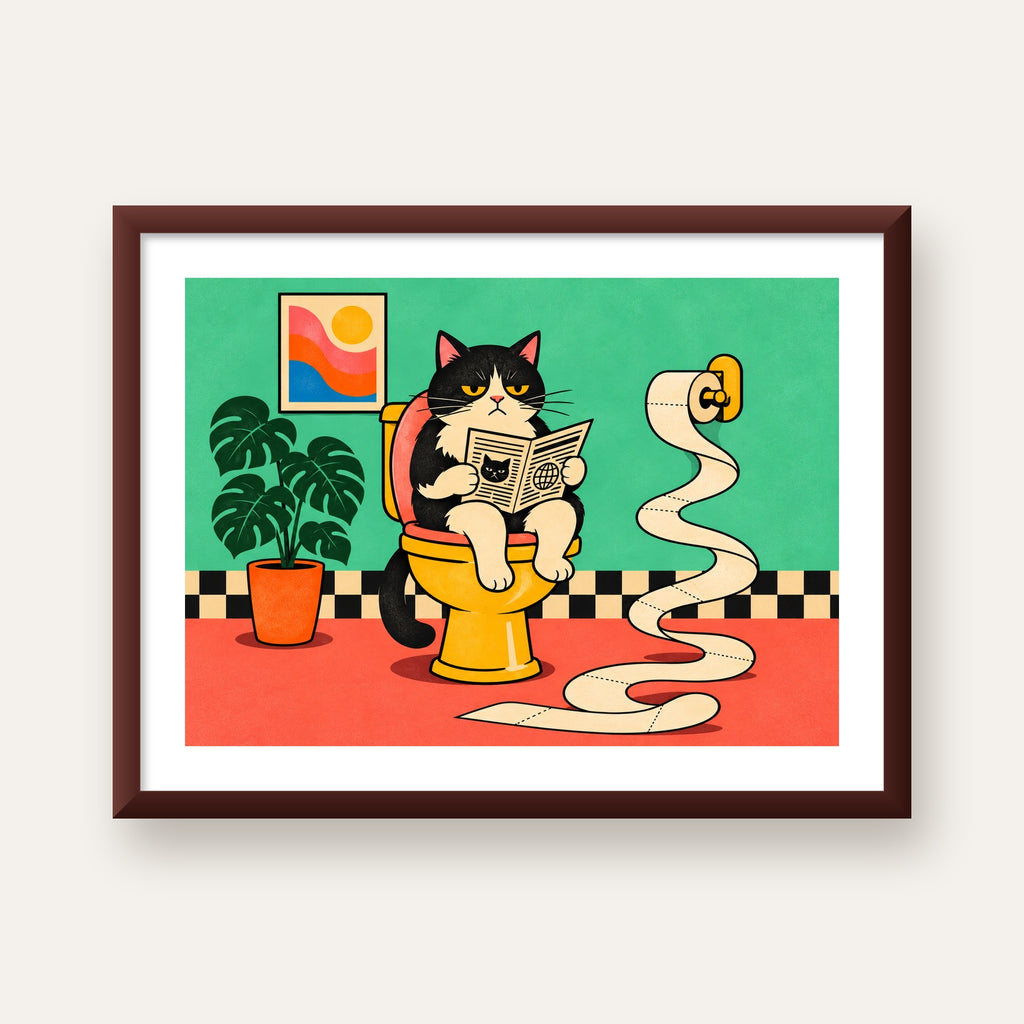 Tuvalette Gazete Okuyan Kedi Dijital Poster Krem Sarı — ceviz çerçeveli paspartulu