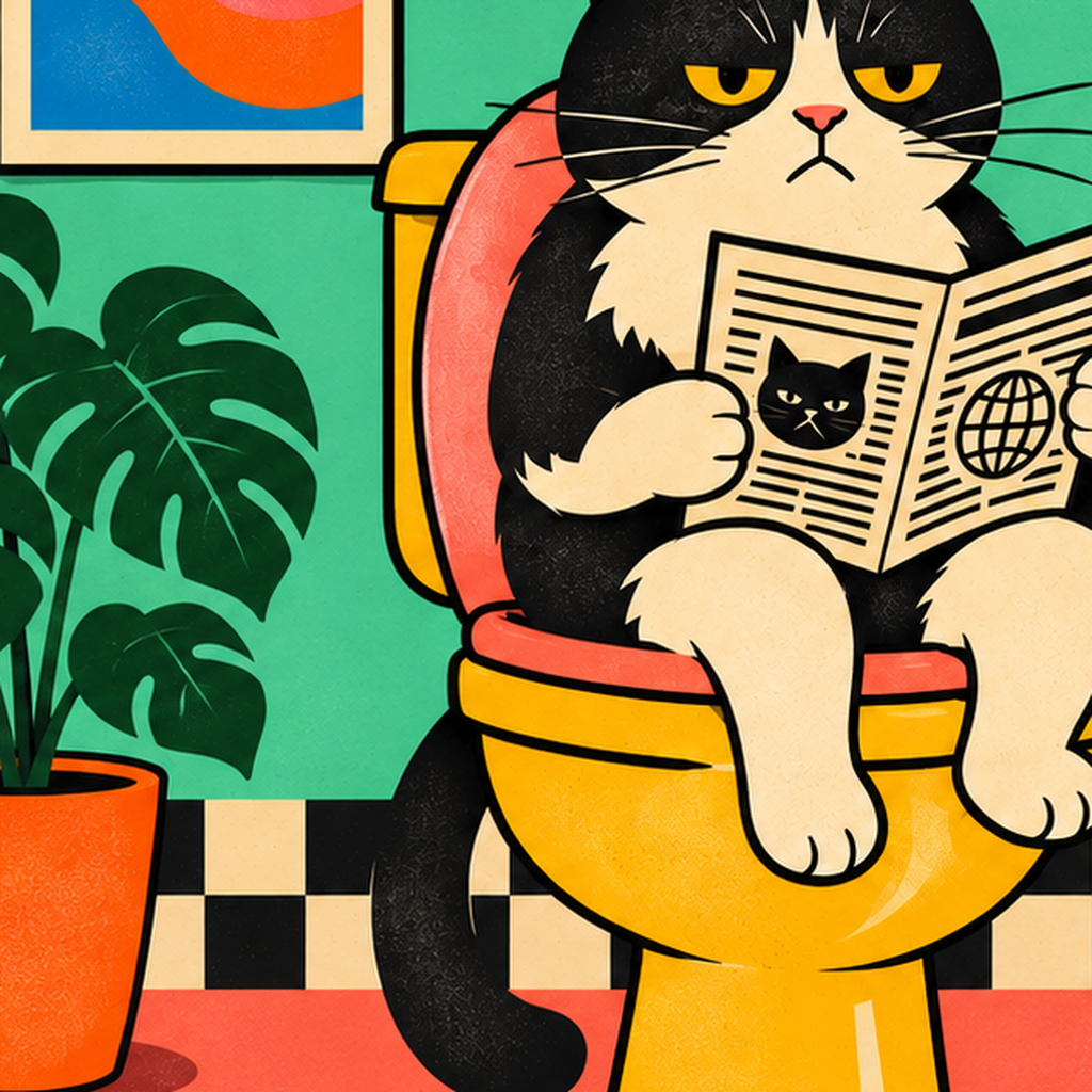 Tuvalette Gazete Okuyan Kedi Dijital Poster Krem Sarı — baskının yakın çekimi, kâğıt dokusu ve renk detayı